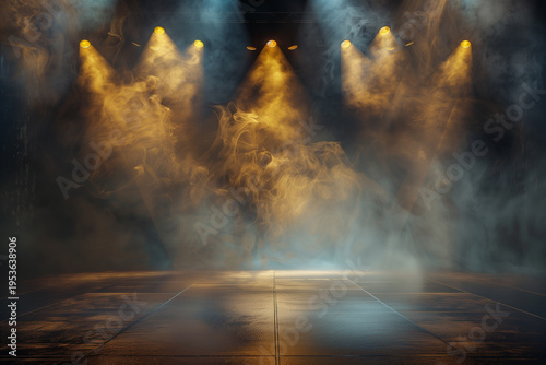 Empty stage with smoky and illuminated by yellow spotlights. Theater stage, concert performance