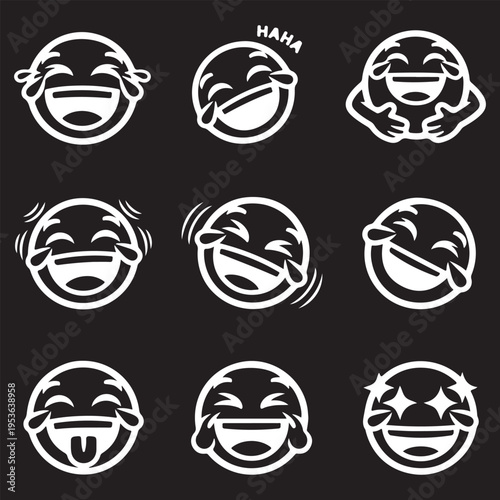 Set of Laughing and Crying with Joy Emoji Icons, Minimalist White Vector Emoticons on Black Background