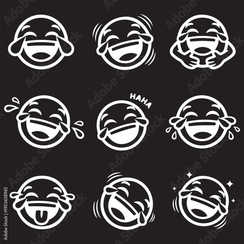 Set of 9 White Laughing Emoji Icons, Funny Crying with Joy Emoticons on Black Background