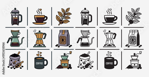 Coffee brewing methods icon grid, barista specialty coffee tools, manual coffee maker sketch, cafe menu brewing icons, coffee beans and press vector, professional coffee equipment set, aromatic coffee