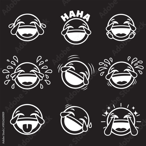 Set of 9 Intense Laughing Emoji Icons, White Crying with Joy Emoticons with Motion Lines and Splashes on Black Background