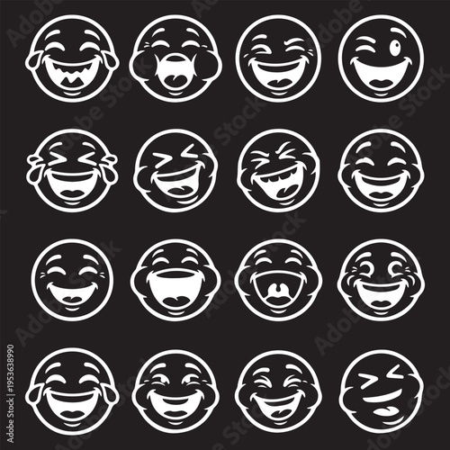 Collection of 16 White Laughing Emoji Icons, Happy and Joyful Emoticons, Minimalist Vector Illustration on Black Background