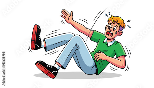 Vector cartoon illustration of a young man falling down, looking shocked and scared