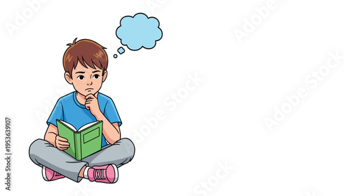 Vector a young boy sitting on the floor and reading a book while thinking, cartoon illustration