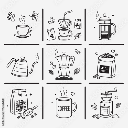 Coffee brewing equipment grid, barista specialty tools icons, manual coffee maker sketch set, cafe menu brewing elements, professional coffee gear vector, aromatic coffee preparation art, craft coffee