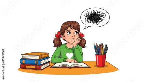 Vector a young girl sitting at a desk with books and pencils, looking confused or stressed with a scribbled thought bubble above her head