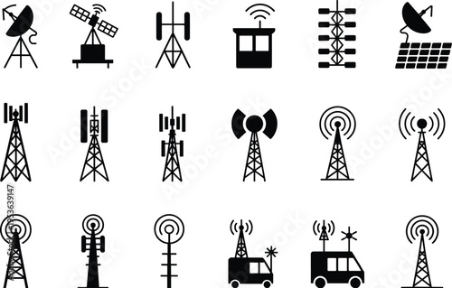 Telecommunication tower icons, satellite dish symbols, radio antenna graphics, wireless signal illustration, communication infrastructure design, 