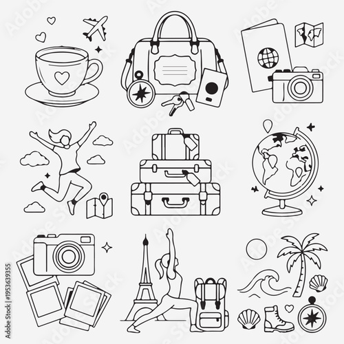 Travel planning vacation icons, hand drawn luggage and passport, holiday trip preparation sketch, wandering world travel doodle, adventure suitcases and camera, summer vacation travel set, global tour