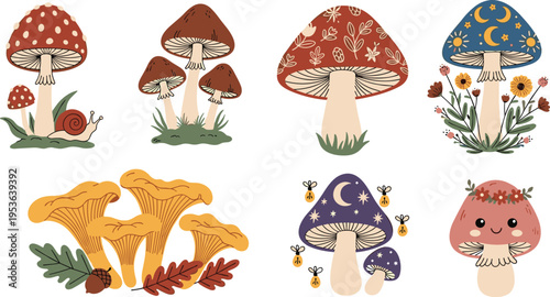 Whimsical Mushroom Vector Set with Magic Toadstools, Celestial Moon Patterns, Forest Snails, Autumn Leaves, and Cute Kawaii Fungus Characters for Cottagecore Nature Designs