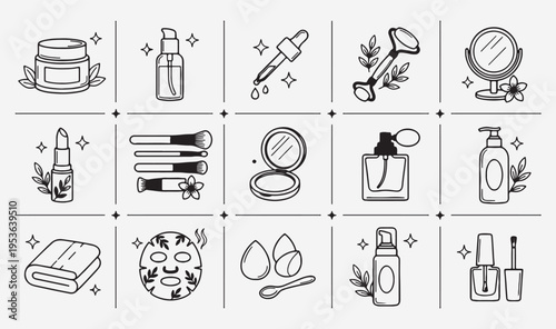 Beauty and skincare products set, hand drawn cosmetic icons, feminine spa and wellness sketch, makeup tools doodle collection, luxury skincare routine vector, beauty treatment line art, cosmetic bottl