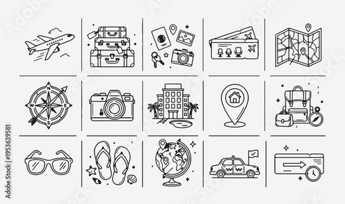 Travel planning and hotel icons, vacation preparation sketch set, luggage and passport travel doodle, global tourism objects vector, adventure trip planning elements, hotel and booking icons art, summ