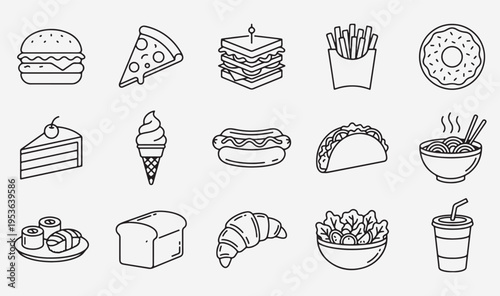 Fast food and street snacks set, hand drawn restaurant menu icons, burger pizza and taco sketch, delicious snacks doodle collection, bakery and dessert vector art, junk food menu design elements, tast