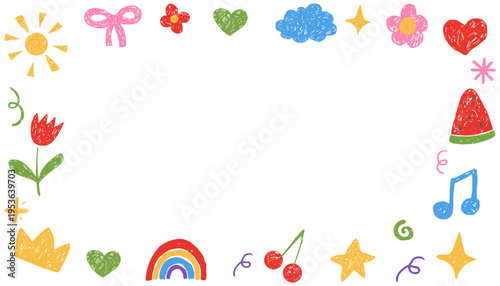 Kindergarden border box for frame crayon pastel and kid pencil doodle. Childish drawings on paper. Kids border with rainbow, cloud, flowers, stars and heart
