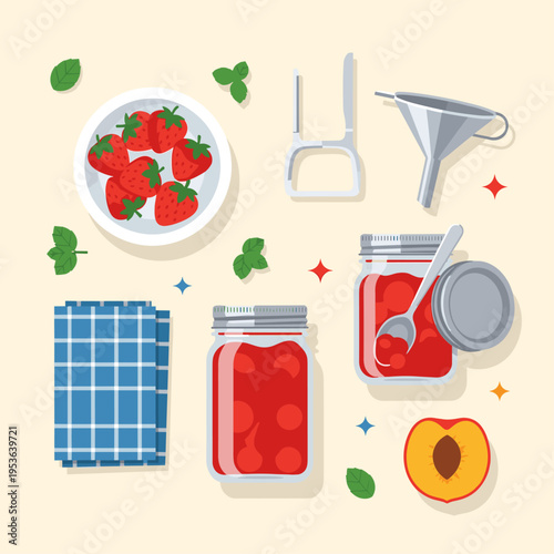 Homemade Jam Making and Food Preservation Vector Flat Lay