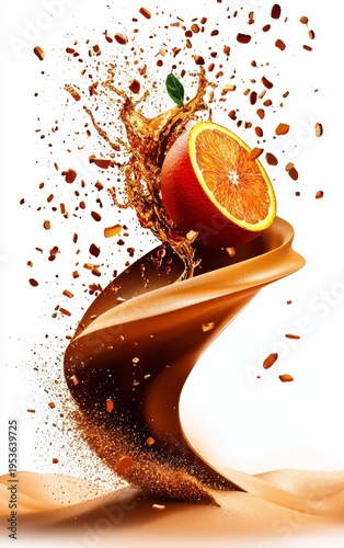 Dynamic Orange Juice Splash with Fresh Fruit and Abstract Waves