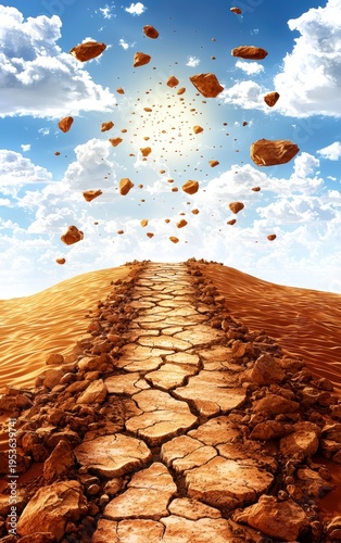 Uphill Desert Path with Floating Rocks to Bright Sky, Symbolizing Hope and Challenge