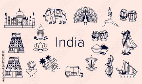 India national symbols and culture set, hand drawn Indian elephant and peacock sketches, traditional India icon collection, minimalist Indian vector graphics, Indian elements for design, elephant and 