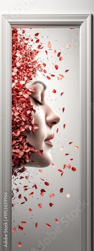Conceptual Portrait of Woman's Profile with Red Rose Petals in Door Frame