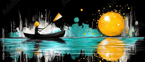 Abstract Solitary Boat Journey - Vibrant Mixed Media Art with Golden Sun and Teal Water