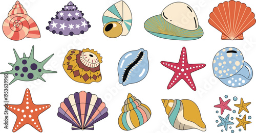 Colorful Sea Shell and Starfish Vector Collection Featuring Decorative Ocean Specimens with Unique Patterns for Coastal Branding Summer Stationery and Marine Life Illustrations