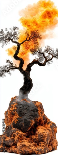 Burning Bonsai Tree on Rock with Fiery Clouds - Climate Change Concept