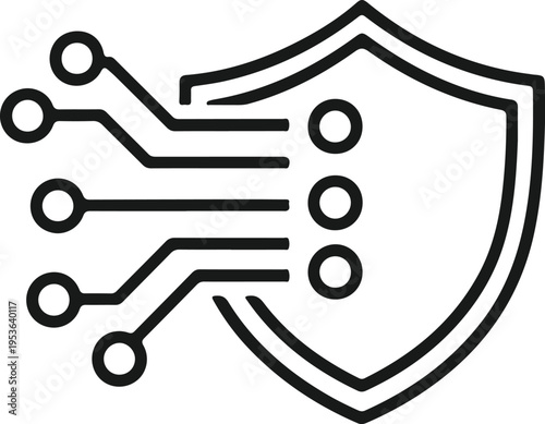 Cyber security shield with integrated circuit board lines representing digital protection and data privacy for modern network systems