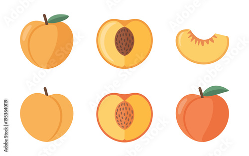 Six different cartoon peaches and apricots on white background