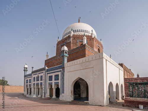 Landscape exterior view of landmark ancient medieval mausoleum and shrine of islam saint Bahauddin Zakariya, Multan, Punjab, Pakistan