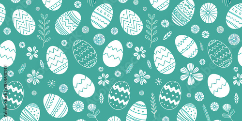Easter eggs and flowers pattern on turquoise background for holiday decoration
