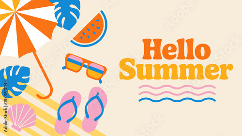 Hello Summer beach vacation concept with colorful summer items and text on beige background
