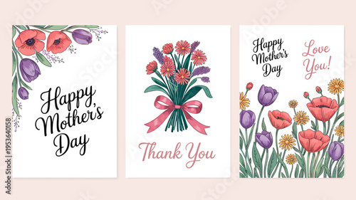 Mothers day cards with flowers and colorful designs on pink background