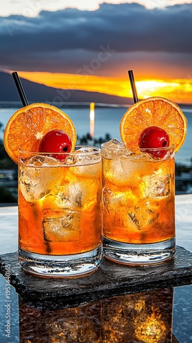 Two Refreshing Sunset Cocktails on Tropical Luxury Vacation