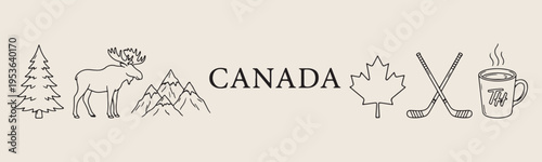 Canada landmarks and national icons set, hand drawn Canadian travel sketches, Canada culture icon collection for design, minimalist architecture vector graphics, maple leaf and Canadian elements, Cana
