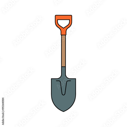 Gray shovel with orange handle and brown grip isolated on white background