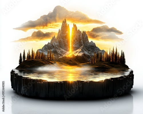 Majestic Fantasy Mountain Island with Golden Light & Mystical Lake