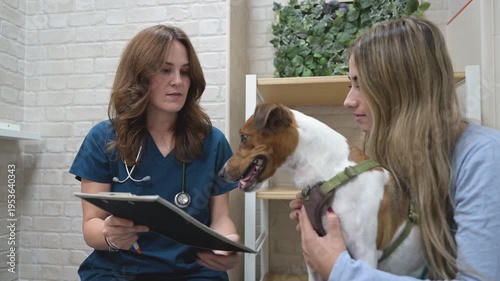 Veterinarian consulting dog owner during a medical examination
