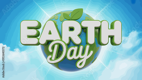 Earth Day celebration with a globe and leaf on a blue background with clouds