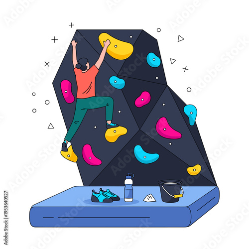 Flat Vector Illustration of a Climber's Bouldering Victory