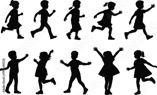 Black silhouettes of young children and toddlers running, jumping, and dancing in playful poses isolated on a clean white background
