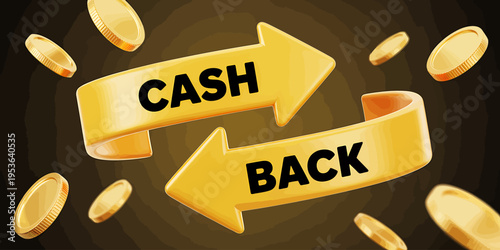 Golden arrows with cash back and coins flying around financial concept