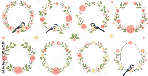 Set of Floral Wreaths with Birds in Vintage Style Featuring Roses, Flowers, and Green Leaves on White Background