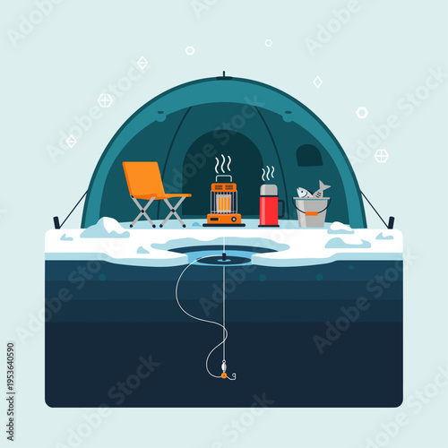 Cozy Ice Fishing Tent Interior Flat Vector Illustration