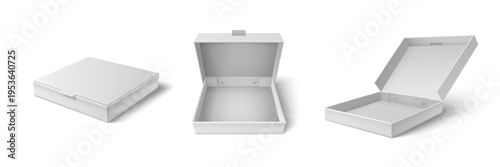 Open and closed cardboard pizza box mockup, 3D realistic vector illustrations. White empty carton package, square blank template for pizzeria branding, food delivery service, take away packaging