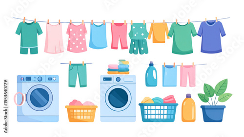 Laundry and Washing Clothes Household Set Washing Machine Detergent Flat Vector