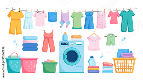 Laundry and Washing Clothes Household Set Washing Machine Detergent Flat Vector