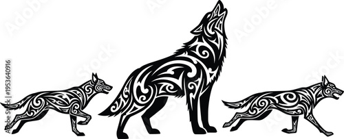 Tribal Wolf Vector Set, Ornamental Howling and Running Wolves Decorative Pattern Style Wildlife Animal Clipart Design