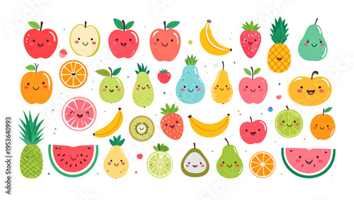 Funny Cartoon Fruit Characters Flat Vector Illustration Set