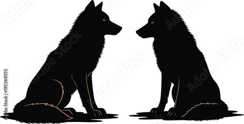 Two Wolves Sitting Facing Each Other Silhouette Vector Illustration, Wild Animal Pair Black Wildlife Clipart Design