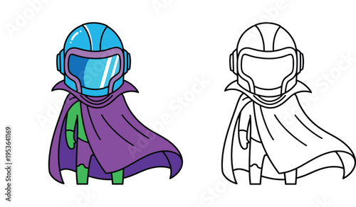 Cute Superhero Character in Sci-Fi Helmet and Purple Cape Vector Illustration with Line Art Version for Coloring Book, Chibi Futuristic Astronaut Space Warrior Design