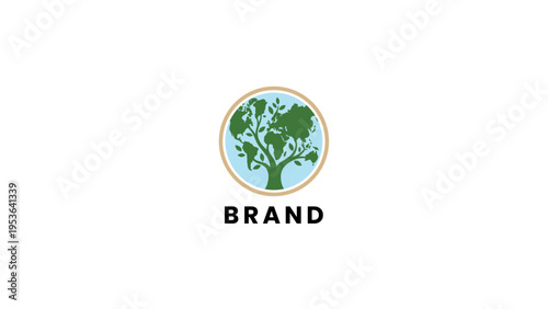 An illustration of a tree with the Earth as its canopy, representing global growth and environmental consciousness, with the word 'BRAND' below